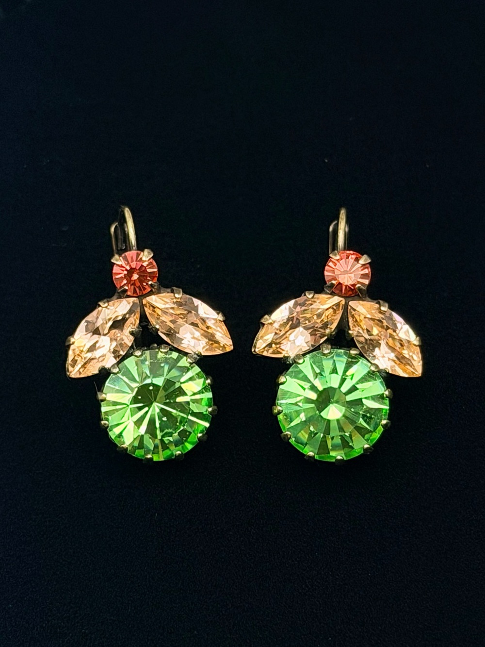 Vintage Françoise Montague Paris Crystal Earrings Green Champagne Rhinestones